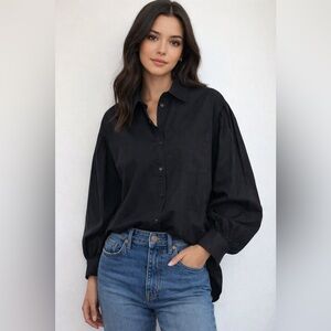 Open Edit 100% Cotton Poplin Oversize Button Down Blouse Small Black puff sleeve
